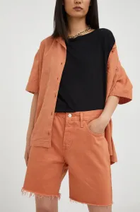 Rifľové krátke nohavice Levi's dámske, oranžová farba, jednofarebné, vysoký pás #7055560