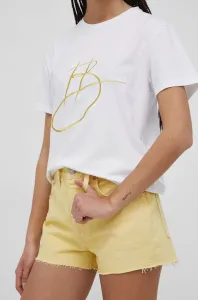 Rifľové krátke nohavice Levi's dámske, žltá farba, jednofarebné, vysoký pás