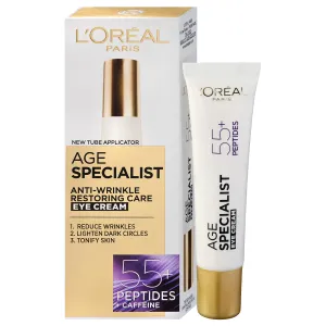 L'Oréal Paris Age Specialist 55+ Peptides & Caffeine Eye Cream 15 ml očný krém pre ženy na veľmi suchú pleť; proti vráskam; spevnenie a lifting pleti