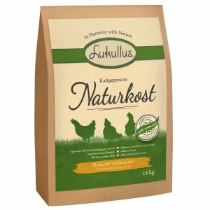 Lukullus Naturkost granule, 10 / 15 kg  - 15 % zľava -  lisované za studena kuracie a celozrnná ryža (15 kg)