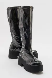 LuviShoes AMARONTE Black Patent Leather Thick Sole Women's Boots