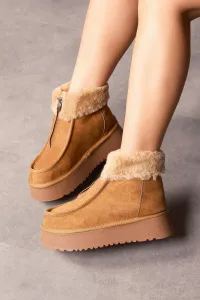 LuviShoes MONKE Tan Suede Shearling Zippered Thick Sole Women's Sports Boots