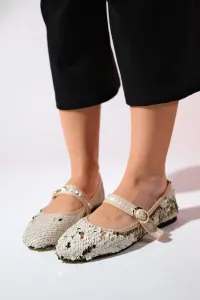 LuviShoes VESLA Beige Sequined Flat Women's Flat Shoes