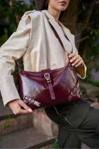 Madamra Burgundy Patent Leather Women's Belt Cornered Patent Leather Shoulder Bag