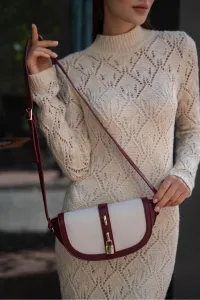 Madamra Claret Red-Cream Women's Contrast Design Crossbody Bag