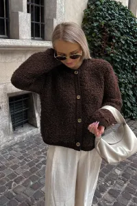 Madmext Brown Buttoned Boucle Knitwear Cardigan