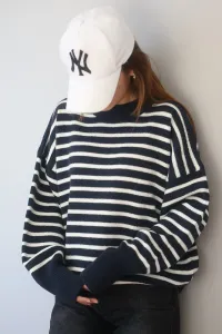 Madmext Mad Girls Navy Blue Striped Sweater