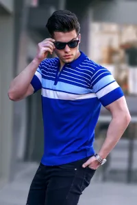 Madmext Men's Cobalt Blue Polo Collar Zippered T-Shirt 5732