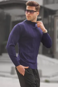 Madmext Navy Blue Slim Fit Half Turtleneck Striped Anti-Pilling Men's Knitwear Sweater 6344