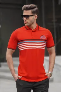 Madmext Red Striped Polo Neck T-Shirt 5869