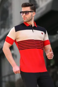Madmext Men's Red Polo Neck Striped T-Shirt 5865 #7415496
