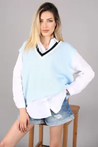 Madmext Women's Baby Blue V-Neck Striped Sweater