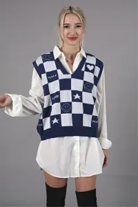 Madmext Indigo V-Neck Checkered Pattern Regular Fit Womens Sweater