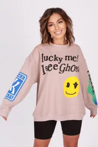 Madmext Mad Girls Beige Printed Oversized Sweatshirt