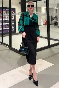 Madmext Green Double Breasted Neck Patterned Midi Dress
