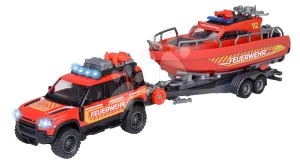 Autíčko hasičské s prívesom a loďou Land Rover Fire Rescue Majorette kovové so zvukom a svetlom dĺžka 33,5 cm #7841383