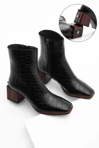 Marjin Women's Heeled Boots&bootie Flat Toe Wooden Pattern Heels Zippered Daily Classic Boots Counting Black Croco