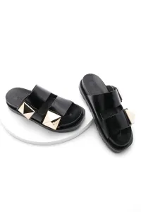 Marjin Women's Genuine Leather Daily Buckle and Velcro Slippers Foil Black