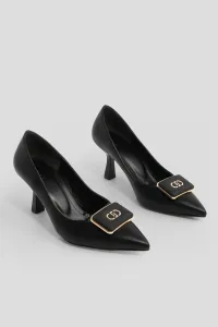 Marjin Women's Stiletto Pointed Toe Buckle Thin Heel Heel Shoes Elsem Black