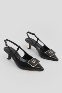 Marjin Women's Stiletto Pointed Toe Buckled Open Back Scarf Heel Shoes Lebir Black