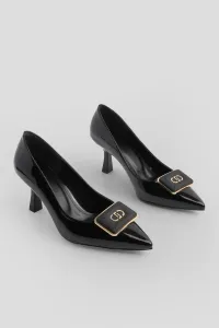 Marjin Women's Stiletto Pointed Toe Buckled Thin Heel Heel Shoes Elsem Black Patent Leather