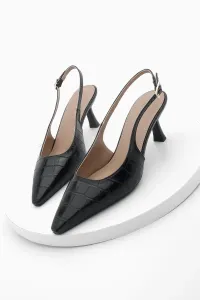 Marjin Women's Stiletto Pointed Toe Open Back Thin Heel Heel Shoes Fanle Black Croco #9243734