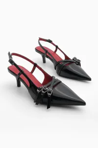 Marjin Women's Stiletto Pointed Toe Scarf Thin Heel Three-Stripes Heeled Shoes Lefar Black Patent Leather