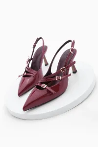 Marjin Women's Stiletto Pointed Toe Tri-Strip Belt Detail Open Back Heeled Shoes Bevil Burgundy Patent Leather