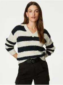 Krémovo-čierny dámsky pruhovaný sveter s véčkovým výstrihom Marks & Spencer #8214988