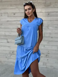 Modré bavlnené pohodlné šaty s volánmi a krátkym rukávom - S