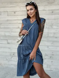 Sivo-modré bavlnené pohodlné šaty s volánmi a krátkym rukávom - XXL