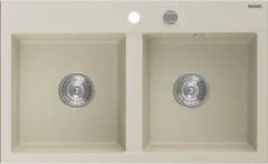 MEXEN MEXEN - Hektor granitový drez 2-bowl 800 x 480 mm, béžová, sifón chróm 6521802000-69