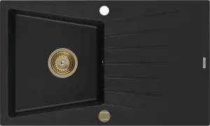 MEXEN/S MEXEN/S - Cesar granitový drez 1-miska s odkvapkávačom 775 x 470 mm, čierny, zlatý sifón 6514771010-77-G