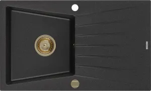MEXEN/S MEXEN/S - Cesar granitový drez 1 s odkvapkávačom 775x470 mm, czarny/srebrny metalik,+ zlatý sifón 6514771010-73-G