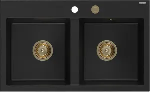 MEXEN/S MEXEN/S - Hektor granitový drez 2-bowl 800 x 480 mm, čierna, zlatý sifón 6521802000-77-G