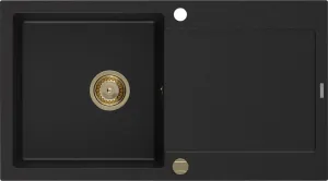 MEXEN/S MEXEN/S - Leo granitový drez 1-miska s odkvapkávačom 900 x 500 mm, čierny, zlatý sifón 6501901010-77-G