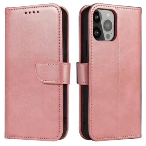 MG Magnet knižkové kožené puzdro na iPhone 14 Pro, ružové