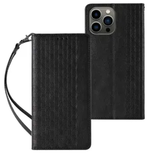 MG Magnet Strap knižkové kožené puzdro na iPhone 13 Pro, čierne