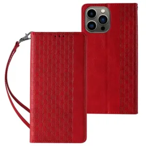 MG Magnet Strap knižkové kožené puzdro na iPhone 13 Pro Max, červené