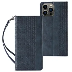 MG Magnet Strap knižkové kožené puzdro na iPhone 13 Pro, modré