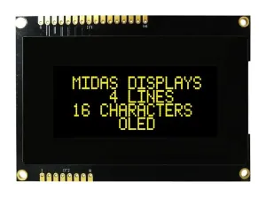 Midas Displays Mdob41605Av-Eym Oled Alphanumeric Display, 16 X 4, Cob