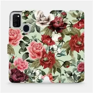 Flipové puzdro na mobil Samsung Galaxy M21 – MD06P Ruže a kvety na svetlo zelenom pozadí
