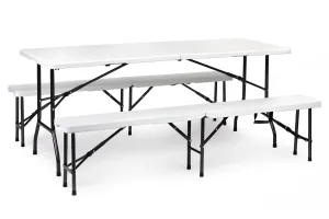 Cateringová súprava stôl 180cm + 2 lavice v bielej farbe