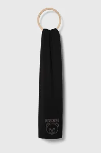 Vlnený šál Moschino čierna farba, s nášivkou