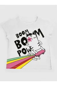 Mushi Boom Boom Girls' White Combed Combed Cotton T-shirt