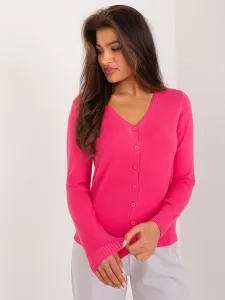 Dámsky ružový klasický pletený sveter s gombíkmi - L/XL
