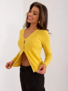 Dámsky žltý klasický pletený sveter s gombíkmi - L/XL