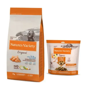 ​​​​​​​Nature's Variety granuly, 12 + 2 kg zadarmo - Original No Grain Medium Adult losos 12 kg + 2 kg