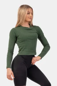 Nebbia Organic Cotton Ribbed Long Sleeve Top Dark Green S Fitness tričko