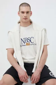 Bavlnené tričko New Balance béžová farba, s potlačou #8468796